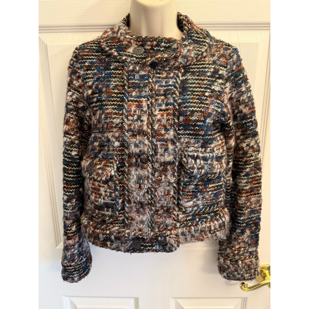 Zara multicolor tweed textured blazer jacket sz S alpaca/wool/poly Aztec buttons